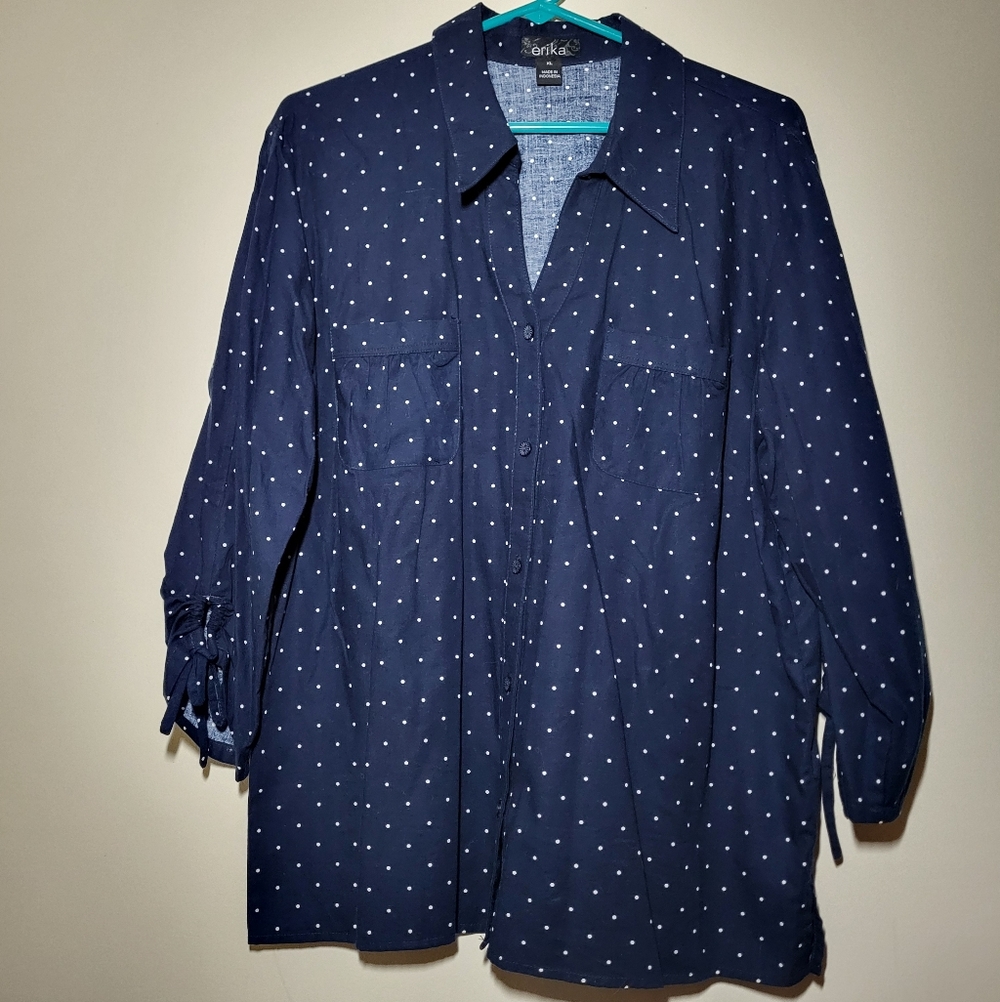 Navy Blue With White Polka Dots Long Sleeve Button Down Shirt